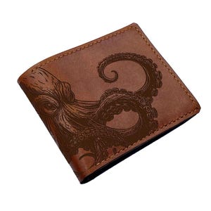 Octopus Drawing Leather Wallet: Handmade Kraken Sea Animal