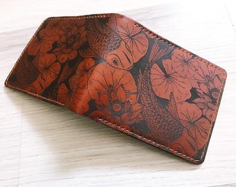 Handmade Leather Wallet, Koi Fish Pattern, Japanese Style Gift