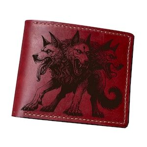 Carteira de couro com gravura de Cérbero, presente de monstro grego antigo, cão de Hades, cão do submundo com três cabeças, carteira de criaturas míticas para ele