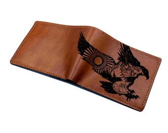 Eagle leather wallet, tattoo style men's wallet, animal pattern wallet, gift for men, bitthday present, anniversary leather men gift idea