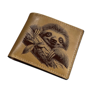 Portemonnee van leer met luiaardtekening, handgemaakt, opvouwbaar, gepersonaliseerd cadeau