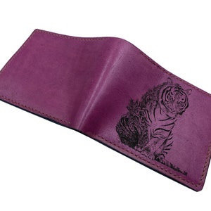Dibujo de tigre con estampado de flores, billetera de cuero personalizada, billetera grabada para hombre, billetera minimalista plegable, regalo de Navidad con estampado de animales