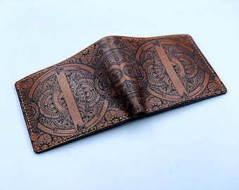 Steampunk pattern leather handmade men&#39;s wallet, Personalized gift for men, gift for him, father boyfriend present, leather anniversary