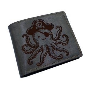 Handmade Leather Wallet: Octopus Pirate Engraved Bifold