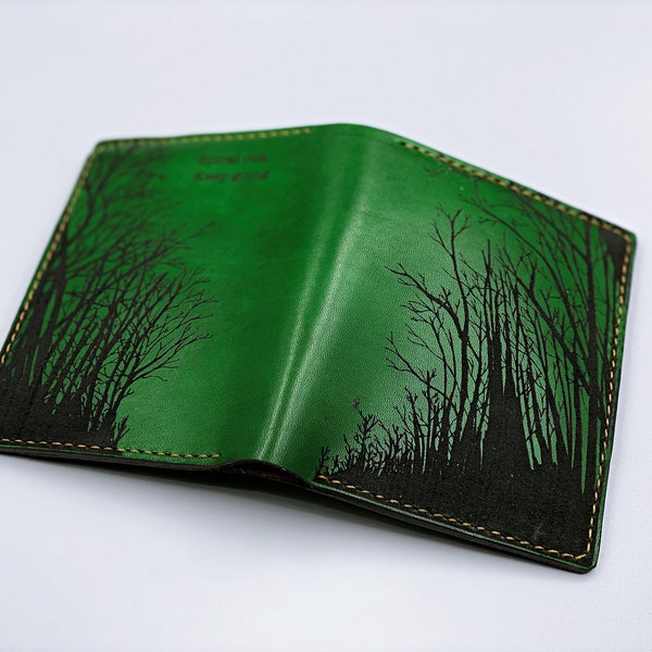 Tree forest landscape leather mens wallet, custom gifts for him, personalized Father's Day gift idea 2021, boyfriend father husband present