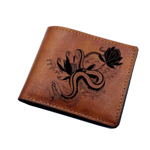 Custom Engraved Leather Wallet, Snake and Lotus Design, Personalized Gift