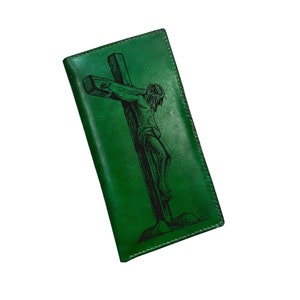 Jesus Christus mit Stechpalmenkreuz-Kunstentwurf, lederne zweifache Männerbrieftasche, christliche Männerbedeutungsgeschenk, Geldbeutel für Vati, Männerjubiläumsgeschenk