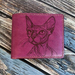 Cartera con dibujo de gato, cartera grabada personalizada, cartera de cuero hecha a mano con dibujo de gato Sphynx, regalo de gato egipcio sin pelo, cartera para amantes de los gatos