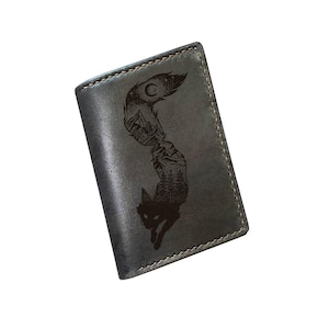 Personalisierte zweifache Brieftasche aus Leder: Fuchszeichnung, handgemacht, RFID-Sperre