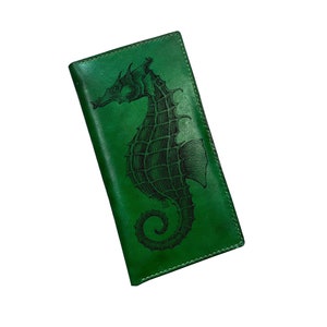 Cartera de cuero con estampado de animales marinos, cartera con dibujo de caballitos de mar, ideas de regalo para amantes de los animales, cartera plegable larga para ella, regalo para novia