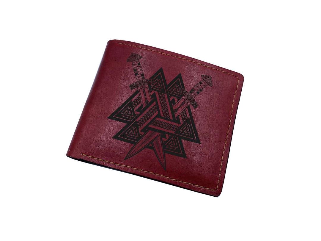 Valknut Celtic Engraving Wallet, Odin Sign Leather Gift, Scandinavian