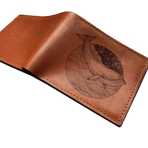 Animal modern art wallet, custom name engraving wallet, whale in ocean drawing art, italian genuine leather art wallet, leather gift ideas