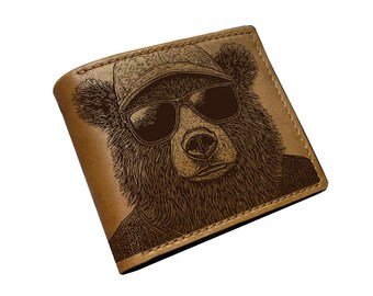 Billetera de cuero hecha a mano con diseño de oso Cool Daddy, billetera plegable de cuero personalizada, billetera con dibujo de oso, divertido regalo de oso para esposo, billetera para él