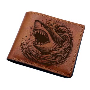 Engraved Shark Leather Wallet, Handmade Genuine Leather