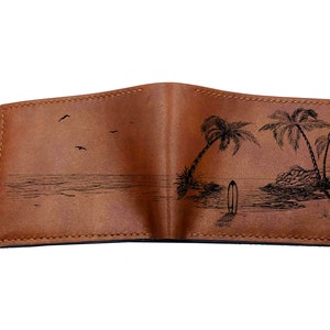 Cartera de hombre con paisaje personalizado, cartera grabada con escena de la naturaleza, cartera con diseño de mar tropical de playa, regalo para él, regalo de aniversario de cuero para esposo