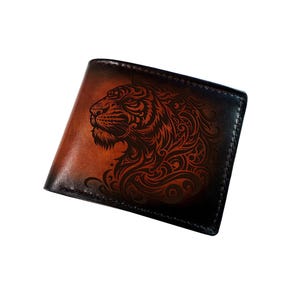Engraved Tiger Leather Wallet: Handmade Animal Big Cat Gift