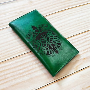 Cartera larga de cuero personalizada, billetera con símbolo de guerrero vikingo, regalo con patrón celta de runas nórdicas, regalo de aniversario de cuero para novio