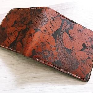 Portefeuille en cuir fait main, motif carpe koï, cadeau de style japonais
