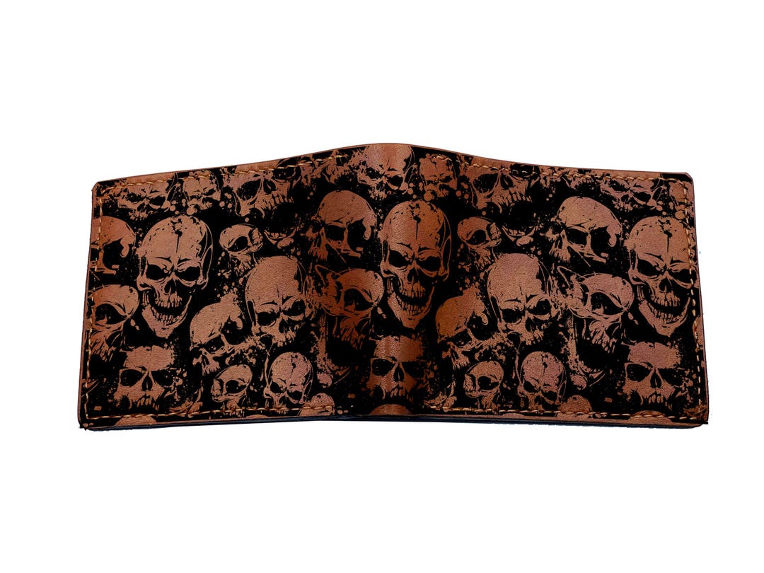 Handmade Leather Bifold Wallet: Skull Horror Pattern, Custom Engraved ...