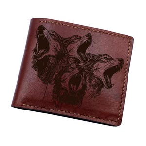 Carteira de couro com gravação de matilha de lobos, carteira de couro personalizada feita à mão, carteira de couro para ele, presente de lobo para o pai, presente de aniversário de lobo