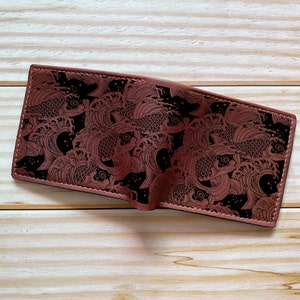 Carteira de couro personalizada com estampa de carpa koi, carteira com estampa de peixe koi, arte tradicional japonesa, presente de aniversário de couro para aniversário, natal