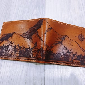 Custom leather handmade bifold wallet, mountain landscape pattern Xmas gift for boy, xmas present for dad, classic minimalist leather gift