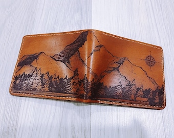 Custom leather handmade bifold wallet, mountain landscape pattern Xmas gift for boy, xmas present for dad, classic minimalist leather gift