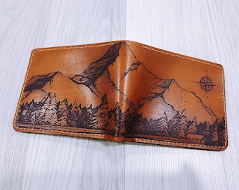 Personalized leather handmade men's wallet, mountain landscape pattern men's gift, present for him, xmas men gift idea, RFID blocking wallet