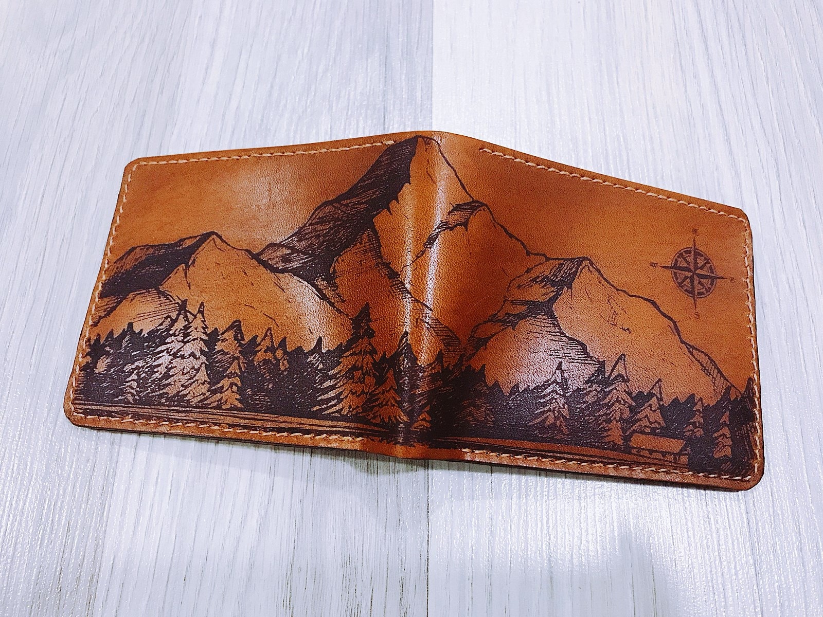 Custom leather handmade bifold wallet, mountain landscape pattern Xmas gift for boy, xmas present for dad, classic minimalist leather gift