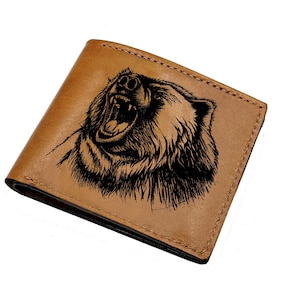 Cartera de piel con estampado de animales, personalizada para él, con diseño de oso marrón, regalo para papá, regalo de aniversario para novio, regalo de Navidad.