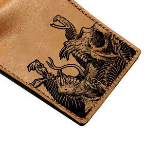 Carteira com caveira de Medusa e gravura de esqueleto, carteira masculina de couro, presente personalizado de monstro para homens, ideias de presentes masculinos com monstros da mitologia grega