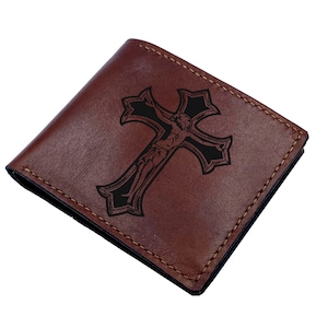 Cartera de cuero personalizada, grabado con el símbolo de la cruz cristiana, regalo de cuero con significado para él, símbolo de la crucifixión de Jesús.
