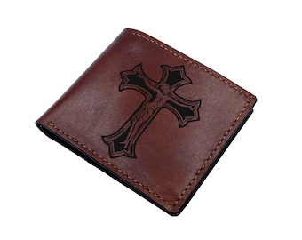 Customized leather wallet, Christian holly Cross symbol engraving gift, meaning leather gift for him, crucifixion of Jesus Cross symbol