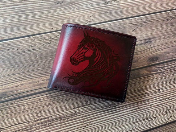 Handmade Leather Wallet, Engraved Horse Art, Personalized Gift