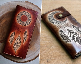 Personalized genuine leather handmade bifold long women wallet, floral wallet for girls, moon and sun floral gifts for girlfriend, mother