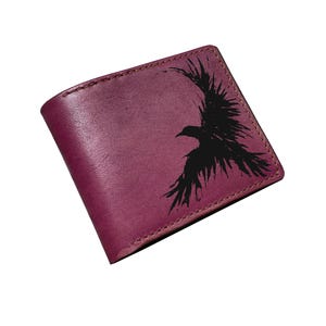 Custom Leather Raven Wallet, Engraved Bird Art, Celtic Gift