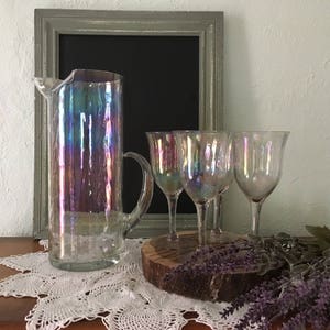 Vintage Iridescent Pitcher and glasses / Rainbow Optic Glasses