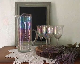Vintage Iridescent Pitcher and glasses / Rainbow Optic Glasses