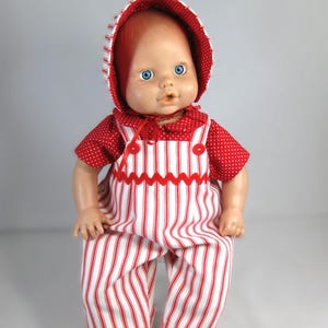 Baby Doll Outfit: Red Striped Overalls, Shirt & Bonnet (12-14 inch Doll Clothes Set