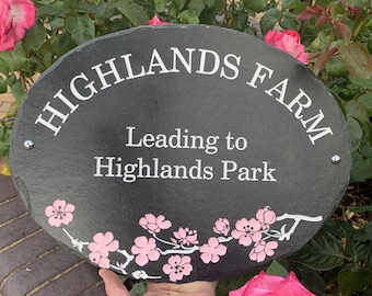 Personalized Slate House Sign | Cherry Blossom Design