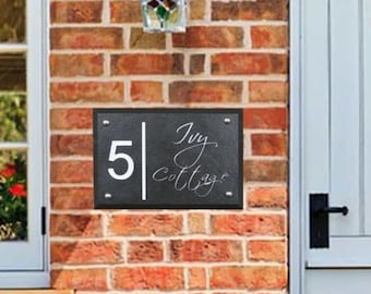 Custom Engraved Slate House Sign | Hand Painted Number & Street