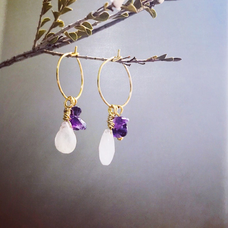 24k gold plated Nickel Free and tarnish resistant Moonstone and amethyst chips Boho Chic earrings
