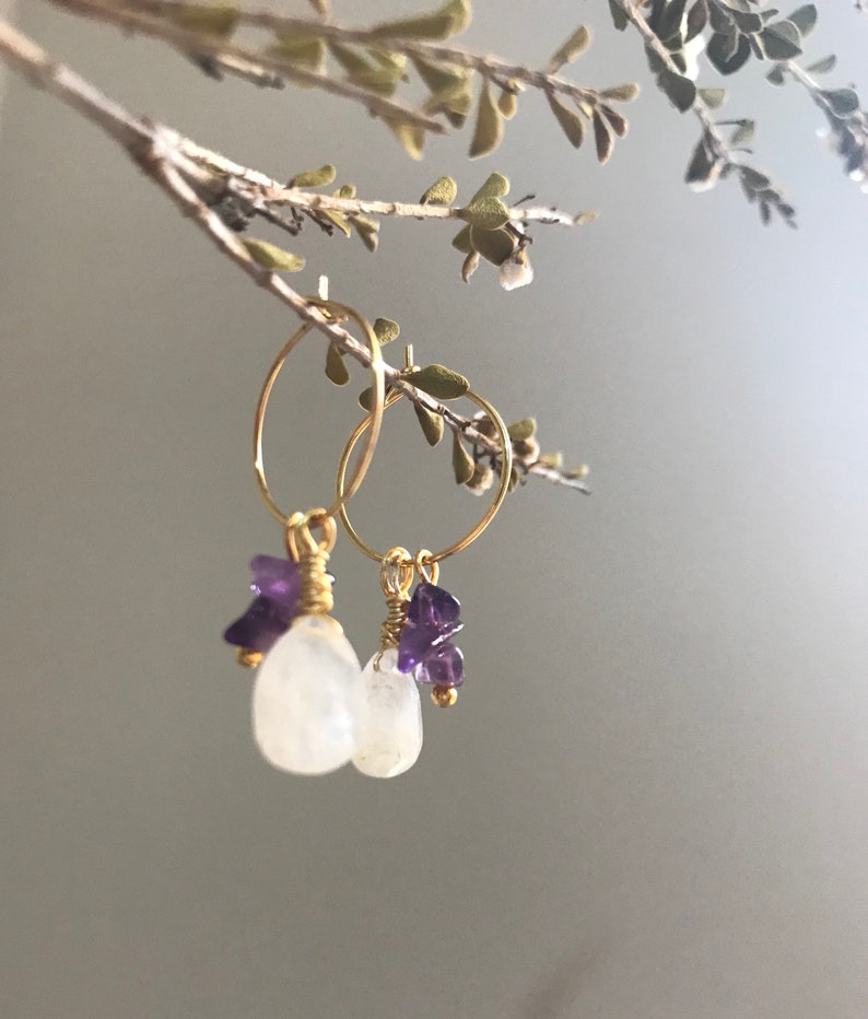 24k gold plated Nickel Free and tarnish resistant Moonstone and amethyst chips Boho Chic earrings