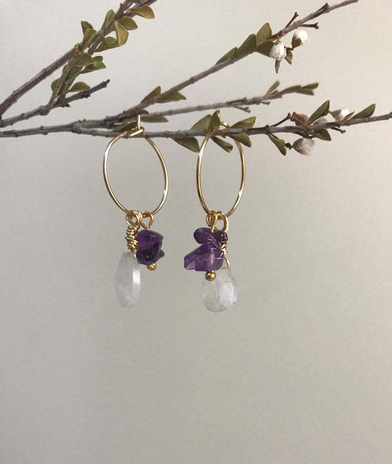 24k gold plated Nickel Free and tarnish resistant Moonstone and amethyst chips Boho Chic earrings