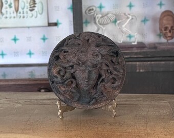 Può includere: Un elemento decorativo circolare marrone scuro con un rilievo dettagliato del volto di Medusa con serpenti al posto dei capelli. Il pezzo è esposto su un piccolo supporto dorato ornato, che ne mette in risalto il design.