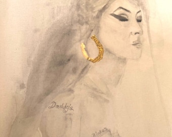 Amy Winehouse 40 cm bij 50 cm - aquarel zwart-wit portret op groot canvas - oorbel is bladgoud en goudpapier
