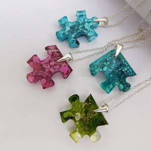 Jigsaw Puzzle Piece Resin Necklace With 925 Sterling Silver Chain. Colour and Shape Options Available.