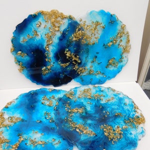 Handmade Blue & Clear Resin Art Place Mats With Gold Leaf, Dining Table Mats, Kitchen Decor.