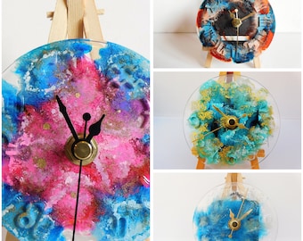 Colour Variety Mini Silent Resin Clock With Numbers And Sweeping Hands And Little Wooden Easel Display. Gift For Her