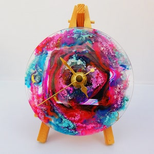 Colour Variety Mini Silent Resin Clock With Numbers And Sweeping Hands And Little Wooden Easel Display. Gift For Her